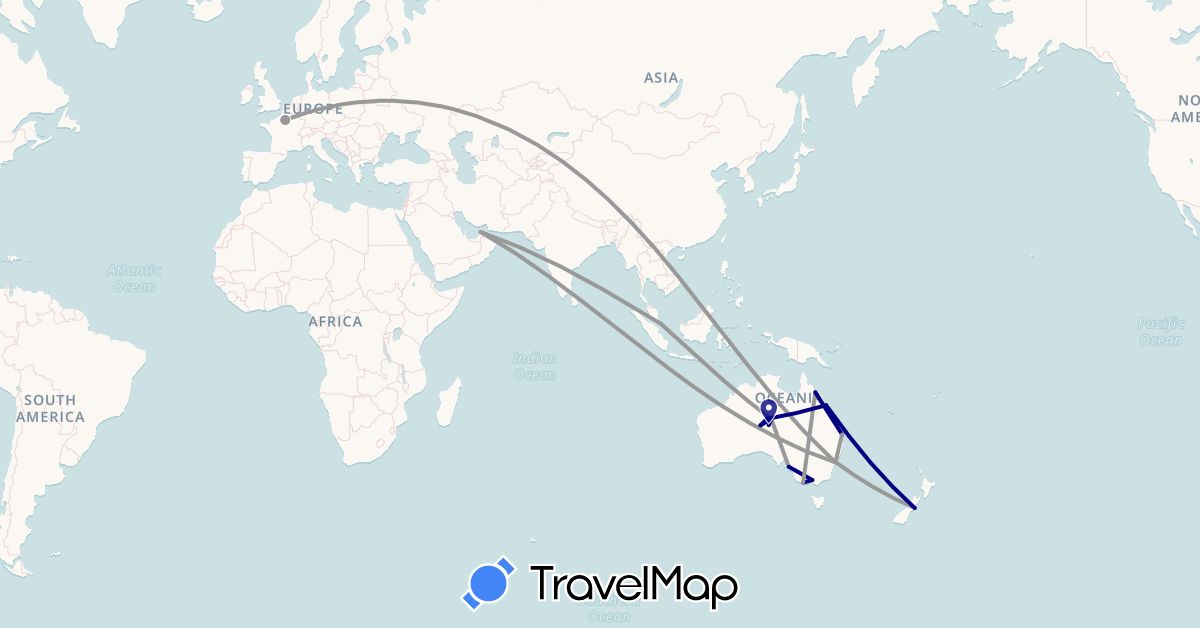 TravelMap itinerary: driving, plane in United Arab Emirates, Australia, France, New Zealand, Singapore (Asia, Europe, Oceania)